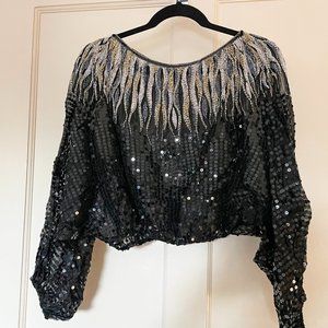 1970s vintage black sequin batwing crop top blouse